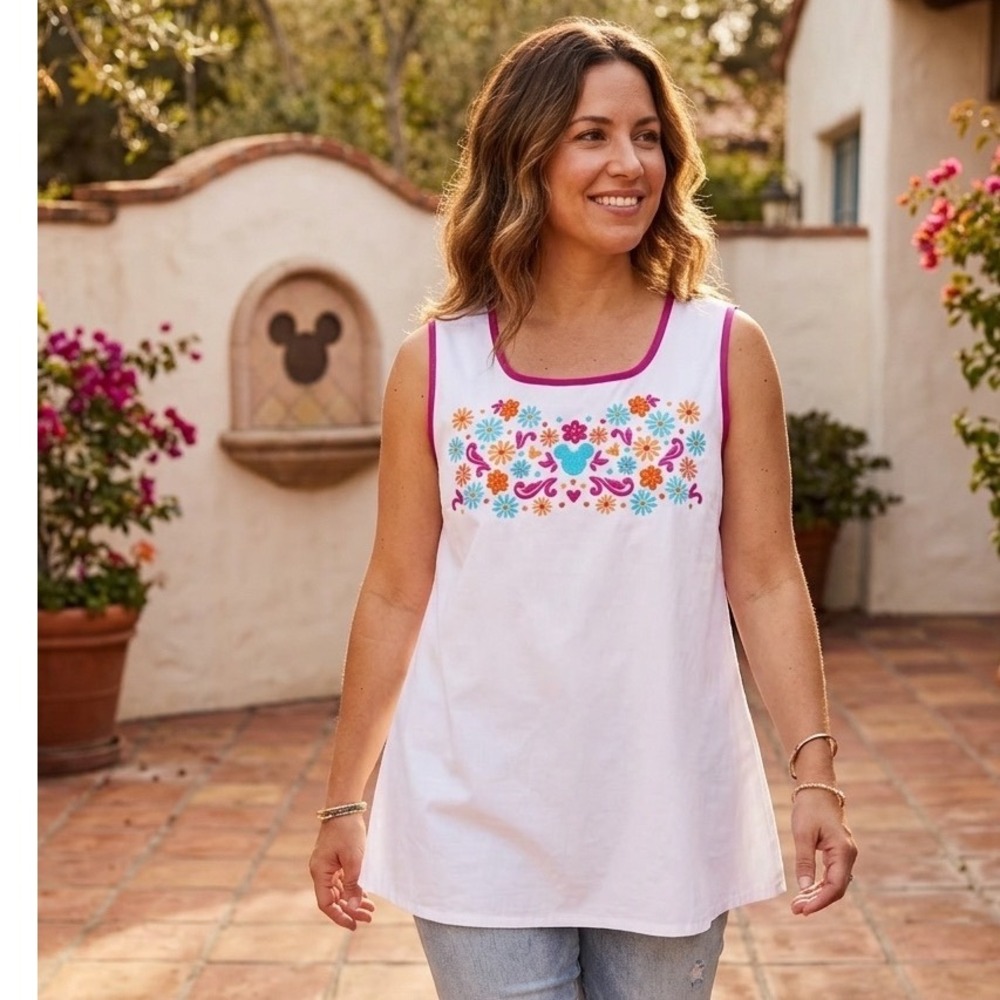 Disney Parks White Floral Embroidered Mickey Mouse Sleeveless Tunic Top Medium